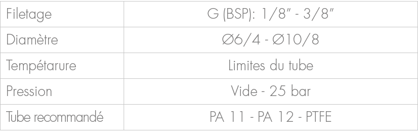 Filetage,G (BSP): 1/8” 3/8”,Diam tre, 6/4 10/8,Temp tarure,Limites du tube,Pression,Vide 25 bar,Tube recommand ,PA 1...